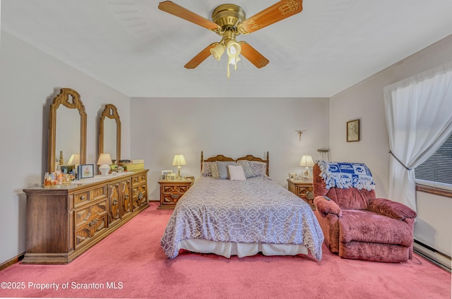 bedroom featuring baseboards, carpet, baseboard heating, and a ceiling fan