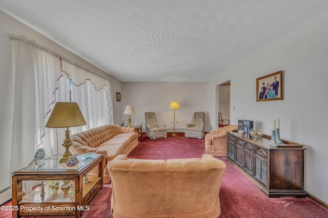 living room featuring carpet flooring, baseboards, and baseboard heating