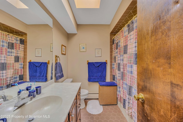 bathroom featuring vanity, tile patterned flooring, curtained shower, toilet, and baseboard heating