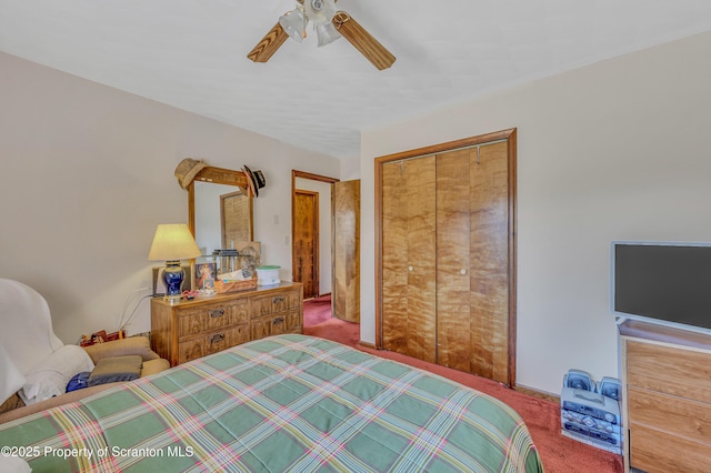 bedroom with a closet, ceiling fan, and carpet