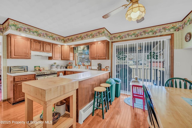 kitchen featuring a kitchen breakfast bar, stainless steel electric range, light wood-type flooring, and under cabinet range hood