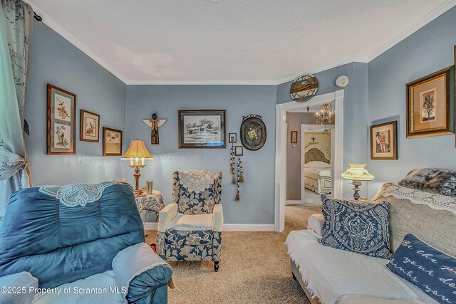 2230 Birney Ave, Scranton, PA 18505 - living room with carpet floors, crown molding, a chandelier, and baseboards