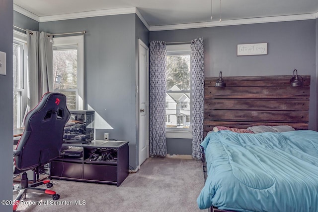 bedroom with carpet flooring and ornamental molding