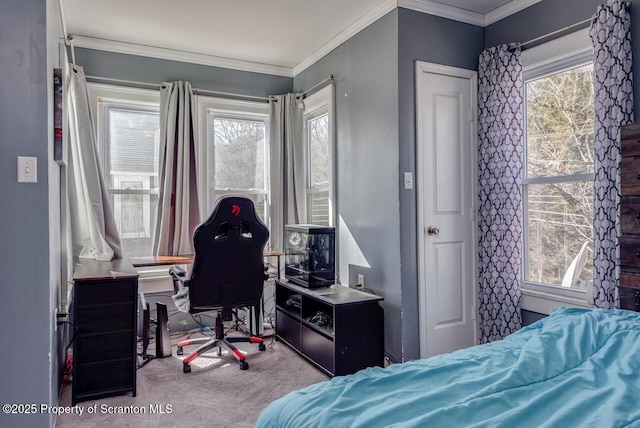 carpeted bedroom featuring crown molding