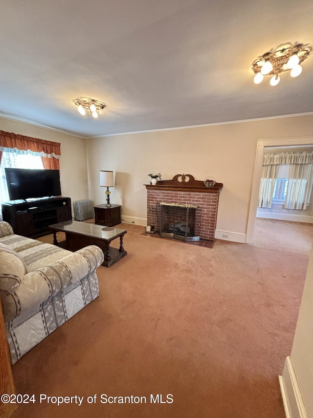 living room featuring carpet floors and a brick fireplace