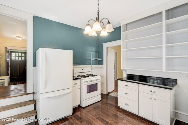 908 Prescott Ave, Scranton, PA 18510 - kitchen with white appliances, open shelves, dark wood-type flooring, a chandelier, and white cabinetry