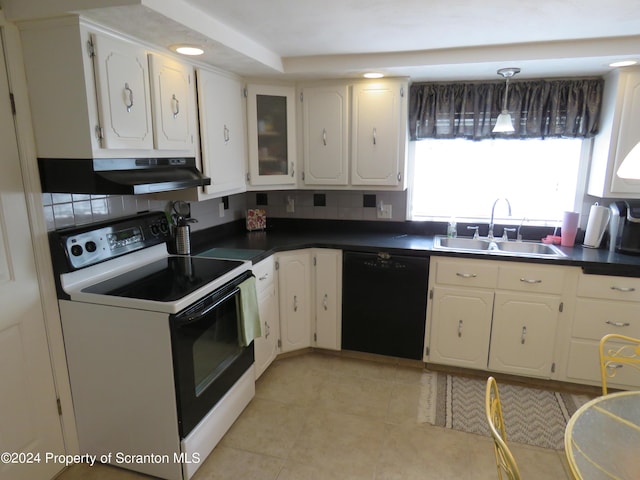 kitchen with white cabinetry, sink, black dishwasher, white electric stove, and light tile patterned flooring