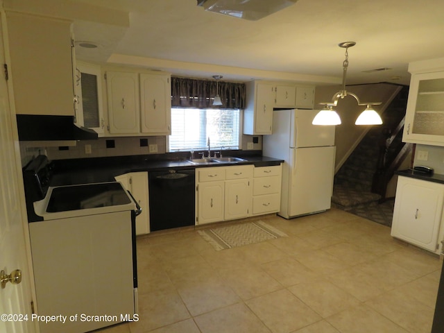 kitchen featuring white appliances, exhaust hood, sink, pendant lighting, and white cabinets