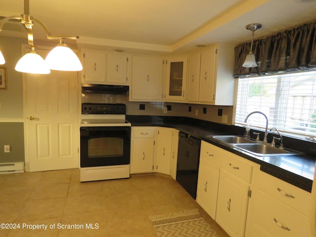 kitchen with sink, electric range, black dishwasher, white cabinetry, and hanging light fixtures