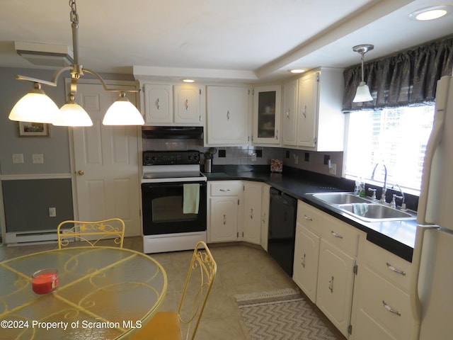 kitchen with sink, white cabinets, hanging light fixtures, and white appliances