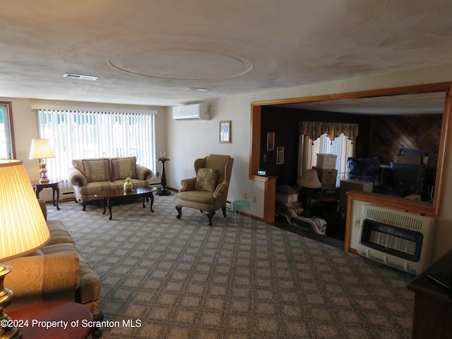 living room featuring an AC wall unit, wooden walls, and heating unit