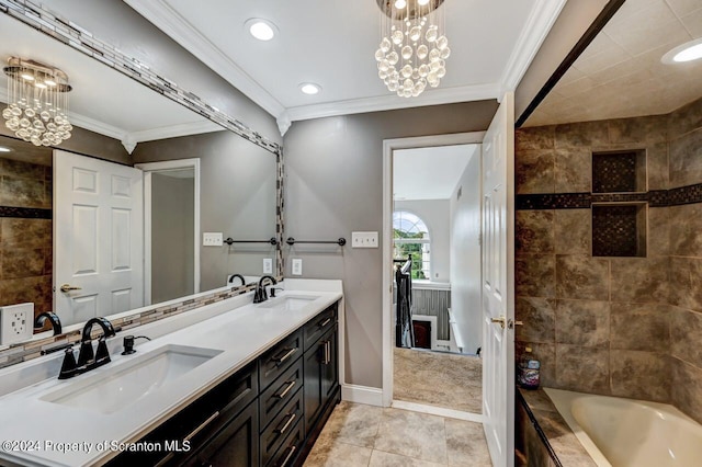 bathroom with a chandelier, vanity, crown molding, and tile patterned flooring