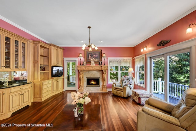 living room with a fireplace, dark hardwood / wood-style flooring, ornamental molding, and sink