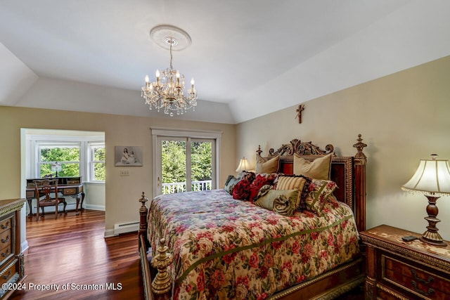 bedroom featuring dark wood-type flooring, an inviting chandelier, a baseboard heating unit, vaulted ceiling, and access to exterior