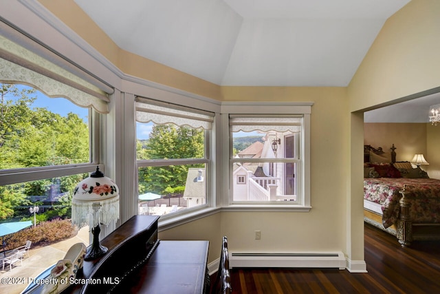 interior space featuring a baseboard radiator, vaulted ceiling, and dark hardwood / wood-style floors