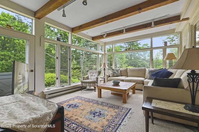 218 Weatherby St, Dalton, PA 18414 - sunroom / solarium featuring rail lighting, plenty of natural light, a baseboard heating unit, and beamed ceiling