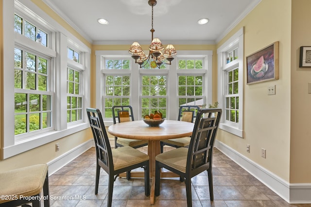 218 Weatherby St, Dalton, PA 18414 - dining space featuring recessed lighting, an inviting chandelier, baseboards, and crown molding