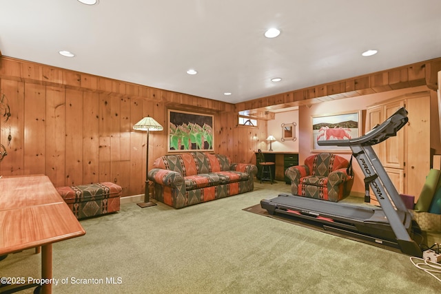 218 Weatherby St, Dalton, PA 18414 - exercise area with carpet flooring, wood walls, and recessed lighting
