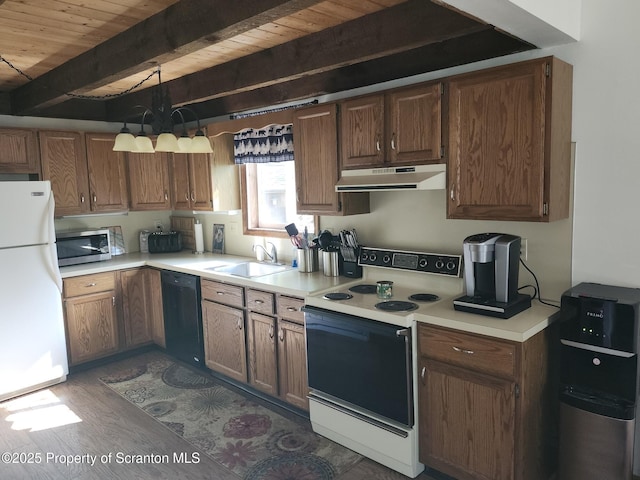 2258 Northgate Ct S Unit 16, Lake Ariel, PA 18436 - kitchen featuring white appliances, light countertops, under cabinet range hood, wooden ceiling, and a sink