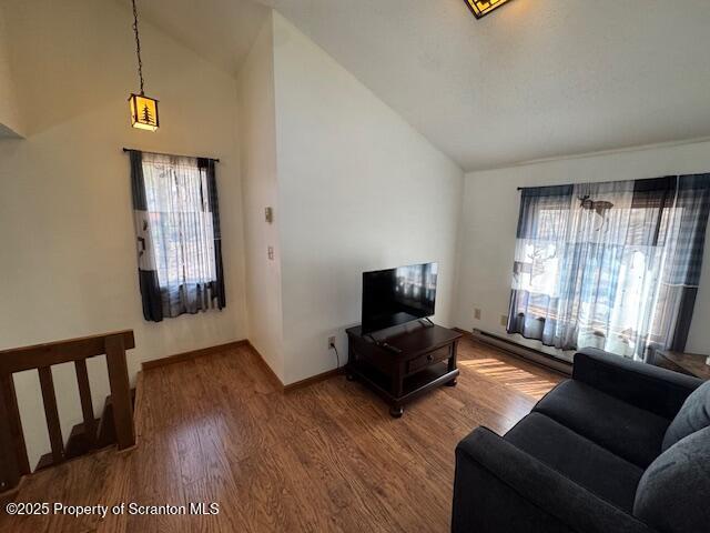 2258 Northgate Ct S Unit 16, Lake Ariel, PA 18436 - living room with high vaulted ceiling, plenty of natural light, wood finished floors, and a baseboard radiator
