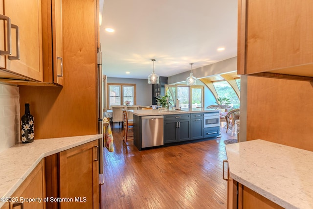 144 Crosstown Hwy, Union Dale, PA 18470 - kitchen featuring dishwasher, dark wood-style flooring, hanging light fixtures, recessed lighting, and backsplash