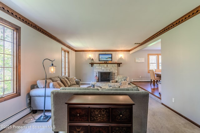144 Crosstown Hwy, Union Dale, PA 18470 - living area with a baseboard radiator, a fireplace, a baseboard heating unit, light carpet, and crown molding