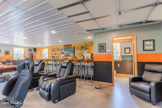144 Crosstown Hwy, Union Dale, PA 18470 - living area with a bar, finished concrete flooring, and recessed lighting
