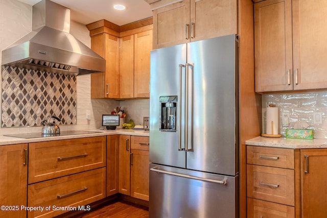 144 Crosstown Hwy, Union Dale, PA 18470 - kitchen featuring high quality fridge, wall chimney range hood, tasteful backsplash, and black electric stovetop