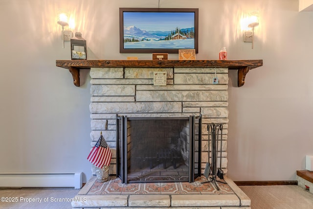 144 Crosstown Hwy, Union Dale, PA 18470 - detailed view of a baseboard heating unit, carpet, and a stone fireplace