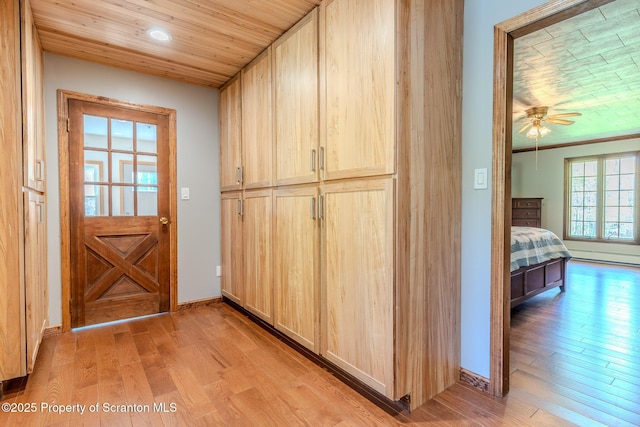 144 Crosstown Hwy, Union Dale, PA 18470 - doorway with light wood-style flooring, ceiling fan, wooden ceiling, and recessed lighting