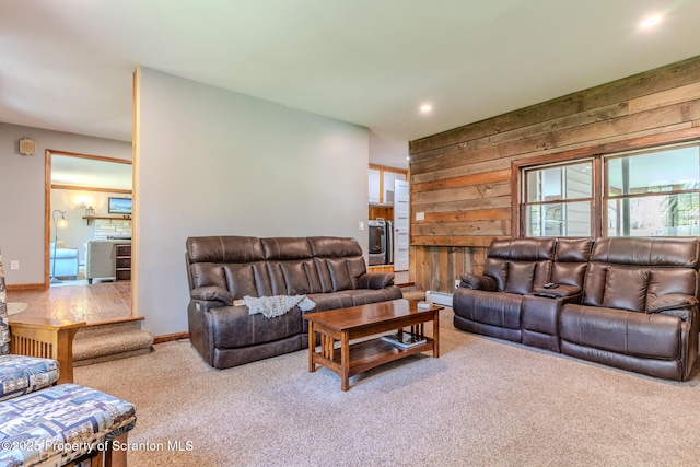 144 Crosstown Hwy, Union Dale, PA 18470 - carpeted living area featuring wooden walls, a baseboard radiator, and recessed lighting