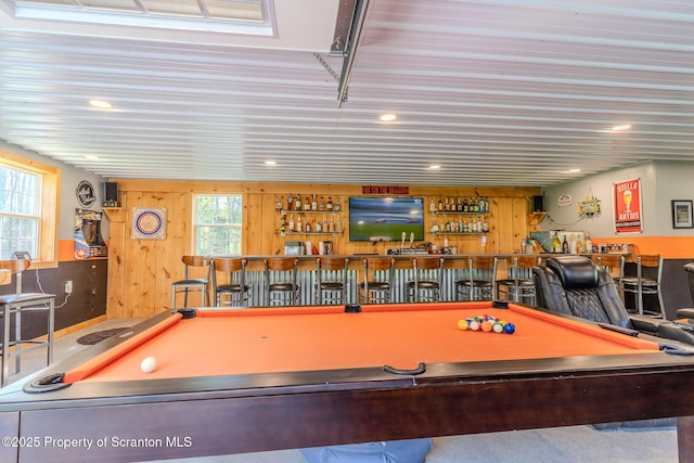 144 Crosstown Hwy, Union Dale, PA 18470 - recreation room with a bar, billiards, recessed lighting, and wooden walls