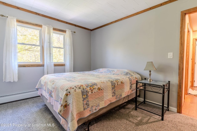 144 Crosstown Hwy, Union Dale, PA 18470 - bedroom with carpet, a baseboard radiator, and crown molding