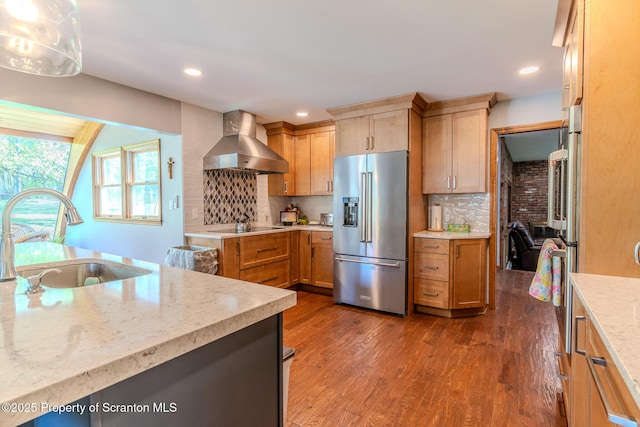 144 Crosstown Hwy, Union Dale, PA 18470 - kitchen featuring high quality fridge, wall chimney exhaust hood, dark wood finished floors, decorative backsplash, and black electric cooktop