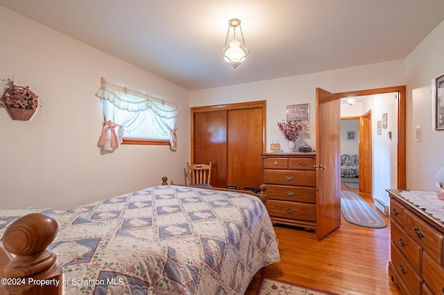 bedroom with light hardwood / wood-style floors, a baseboard radiator, and a closet