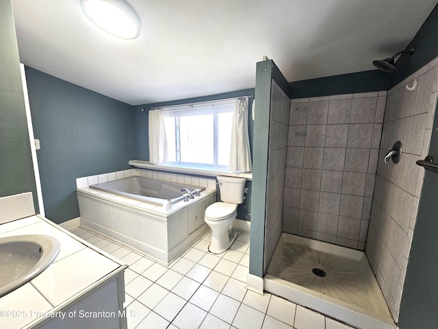 full bath featuring tile patterned flooring, a shower stall, a bath, and vanity