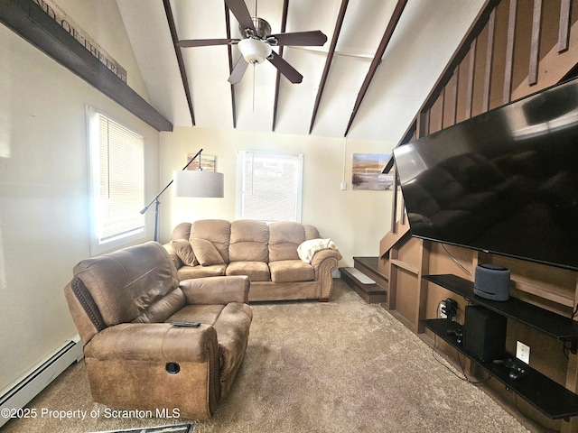 carpeted living area featuring baseboard heating, stairway, lofted ceiling with beams, and ceiling fan