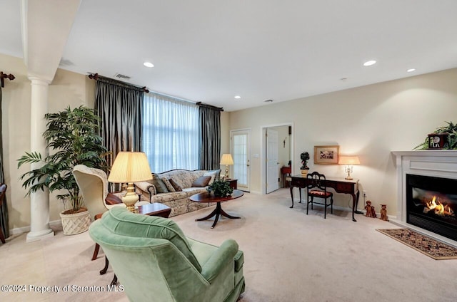 living room featuring light carpet