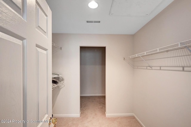 walk in closet featuring light colored carpet