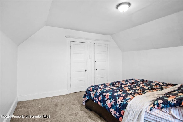 bedroom with carpet flooring, a closet, and lofted ceiling