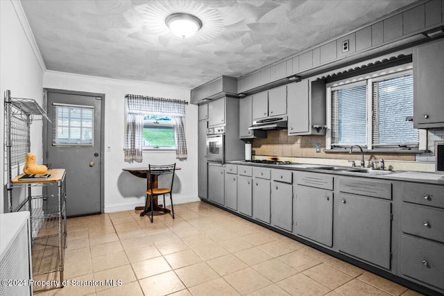 kitchen featuring gray cabinets, sink, stainless steel appliances, and ornamental molding