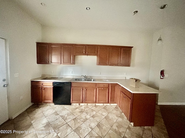 kitchen featuring baseboards, light countertops, black dishwasher, brown cabinetry, and a sink