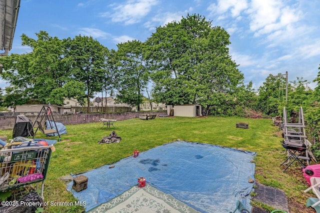 219 N Sumner Ave, Scranton, PA 18504 - view of yard featuring a patio area, a storage unit, an outbuilding, and a fire pit