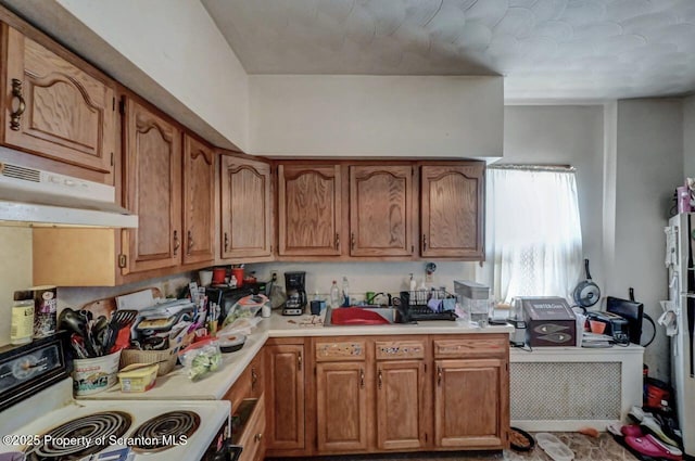 219 N Sumner Ave, Scranton, PA 18504 - kitchen featuring electric stove, light countertops, under cabinet range hood, and brown cabinets