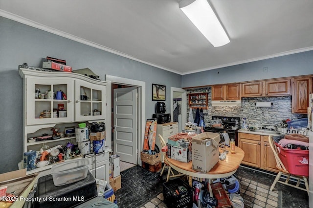 219 N Sumner Ave, Scranton, PA 18504 - kitchen with under cabinet range hood, electric range, ornamental molding, tasteful backsplash, and light countertops