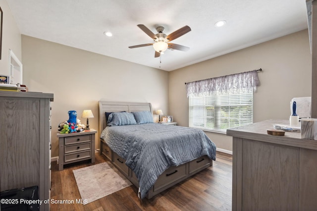 442 Shadow Wood Cir, Archbald, PA 18403 - bedroom with dark wood-type flooring, baseboards, recessed lighting, and ceiling fan