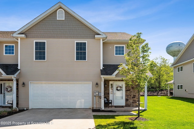 442 Shadow Wood Cir, Archbald, PA 18403 - view of front facade featuring driveway, a front lawn, a shingled roof, a garage, and stone siding
