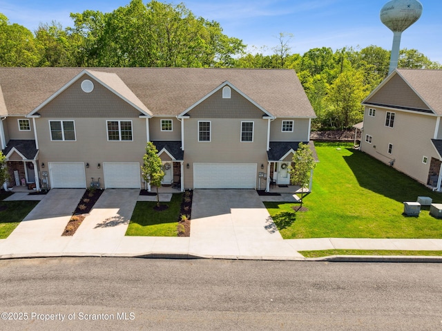 442 Shadow Wood Cir, Archbald, PA 18403 - view of front of house with a garage, driveway, a front yard, and stone siding