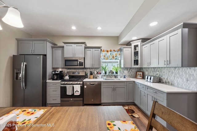 442 Shadow Wood Cir, Archbald, PA 18403 - kitchen with stainless steel appliances, gray cabinets, a sink, light countertops, and backsplash