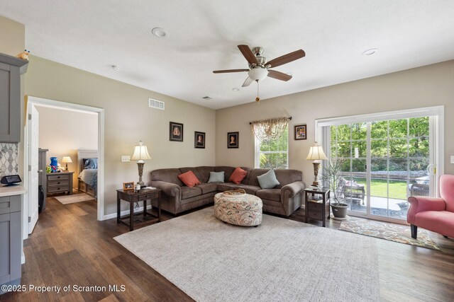 442 Shadow Wood Cir, Archbald, PA 18403 - living area with dark wood-style floors and ceiling fan